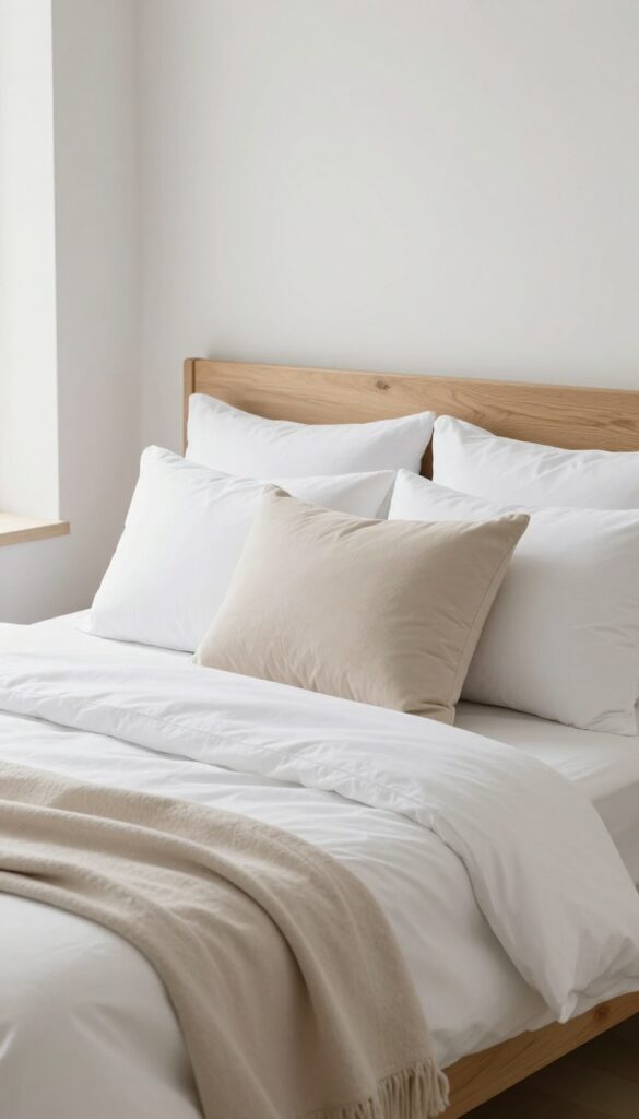 A neatly made bed with fluffy pillows arranged against a headboard in bright natural light.