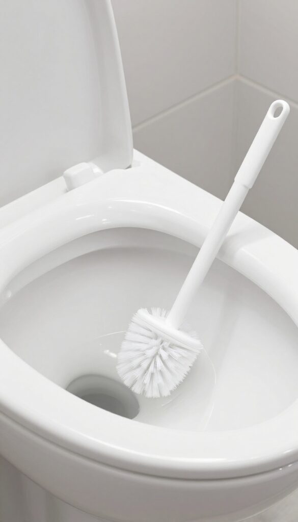 Close-up of a clean toilet bowl with a toilet brush scrubbing under the rim in a bright bathroom
