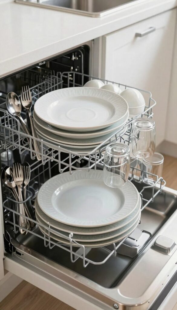 Dishwasher being loaded efficiently with plates, bowls, glasses, and silverware in bright kitchen light