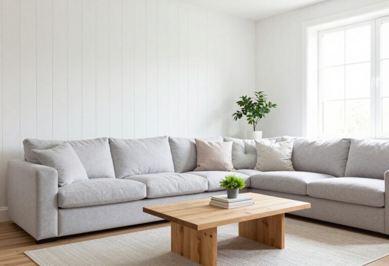 Small living room with white vertical tongue-and-groove panelling on accent wall, light gray sofa, and natural light