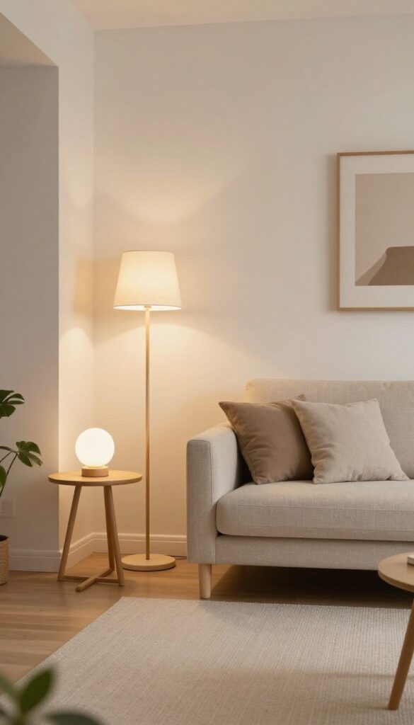 Small living room with layered lighting at different heights including floor lamp, table lamp, and wall sconce, creating a warm and spacious feel.