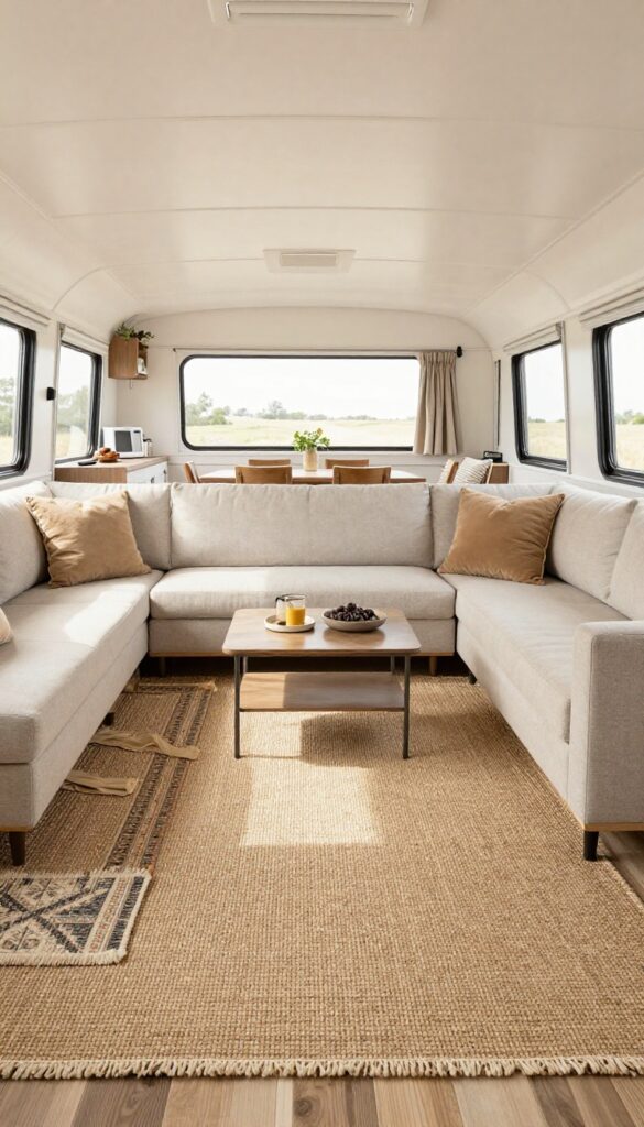 Layered rugs defining a cozy living zone in a single wide trailer living room