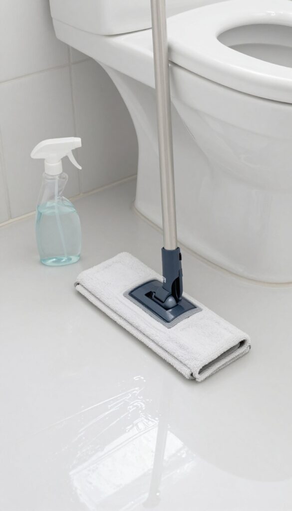 Bathroom floor spot cleaning with Swiffer mop near toilet and sink