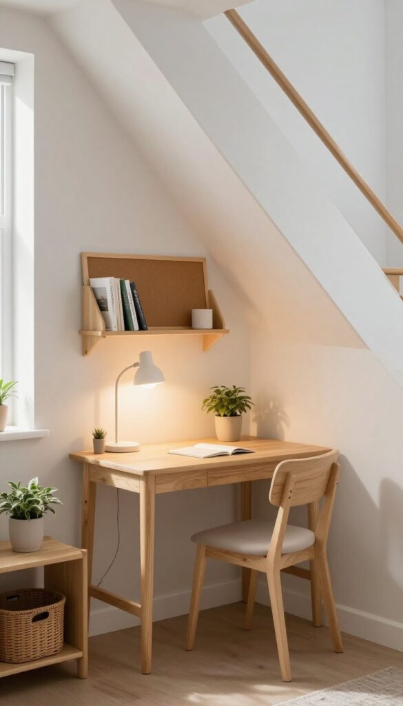 Cozy desk nook under a staircase with slim wooden desk, compact chair, plant, warm lamp, and wall organizer in bright natural light.