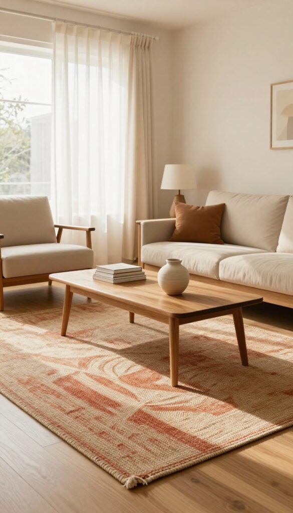Cozy living room with a large terracotta and beige flatweave rug anchoring the seating area