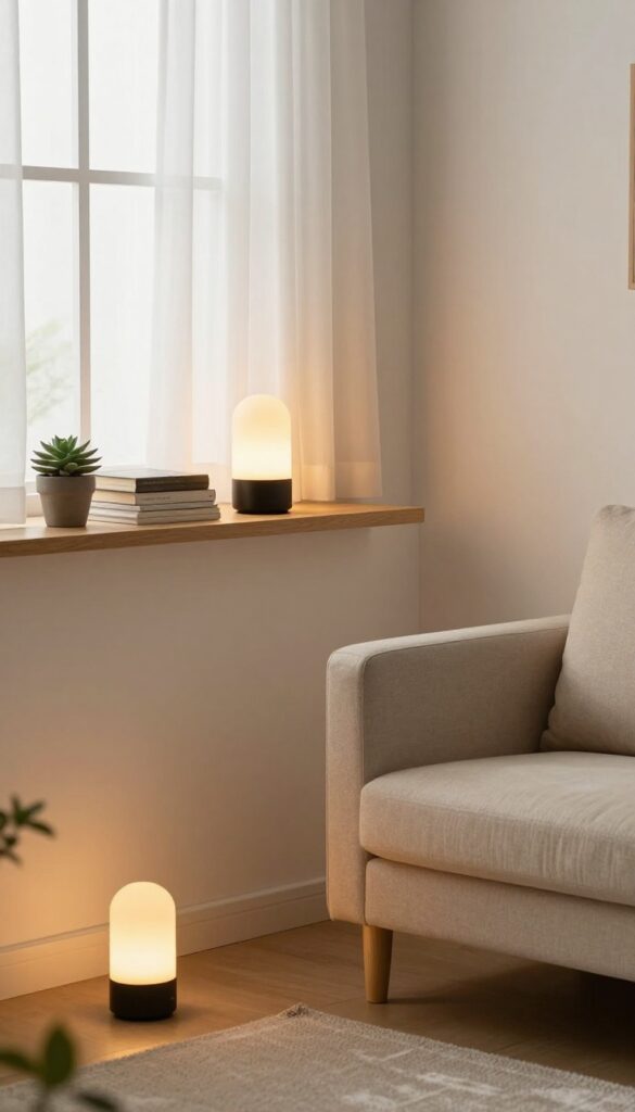 Battery-operated LED lamps on a shelf, windowsill, and floor in a small living room
