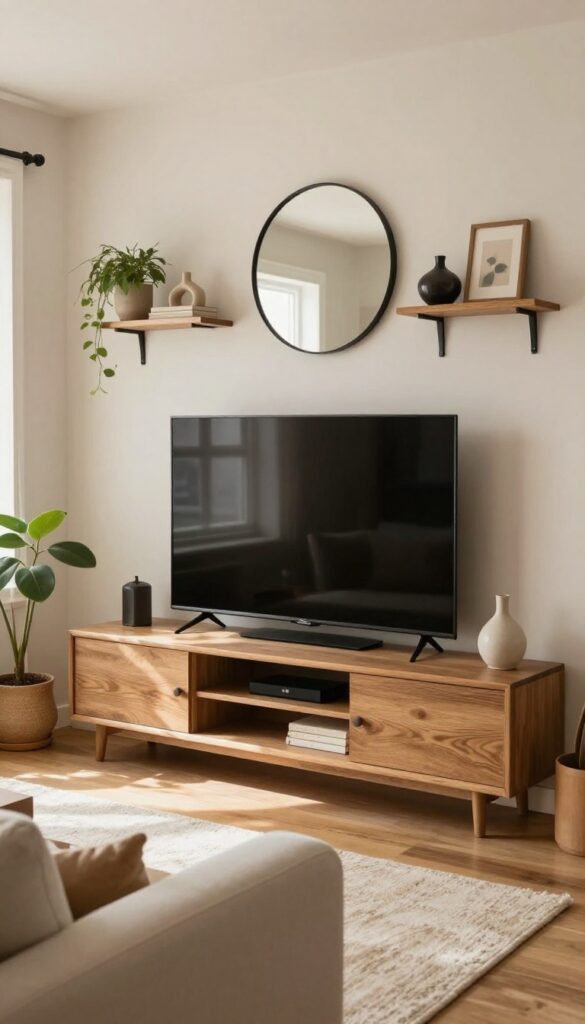 Cozy living room with TV integrated into a gallery wall of black and wood frames, floating shelves, and a round mirror.
