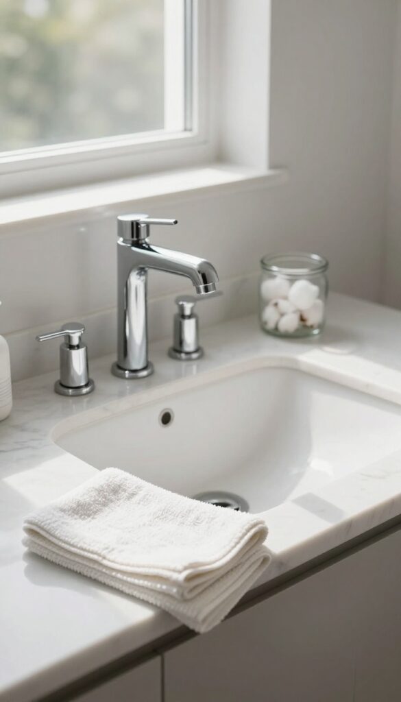 A clean bathroom sink and counter with a microfiber cloth ready for quick wiping after each use.