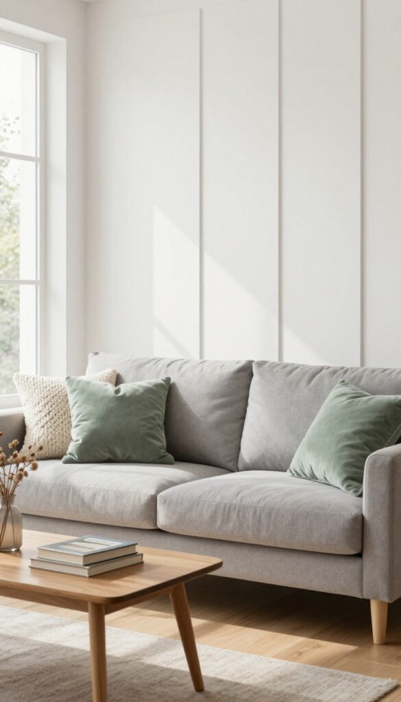 Warm living room with floor-to-ceiling vertical wall panels painted in warm white, behind a gray sofa with cozy textiles, natural light streaming in.