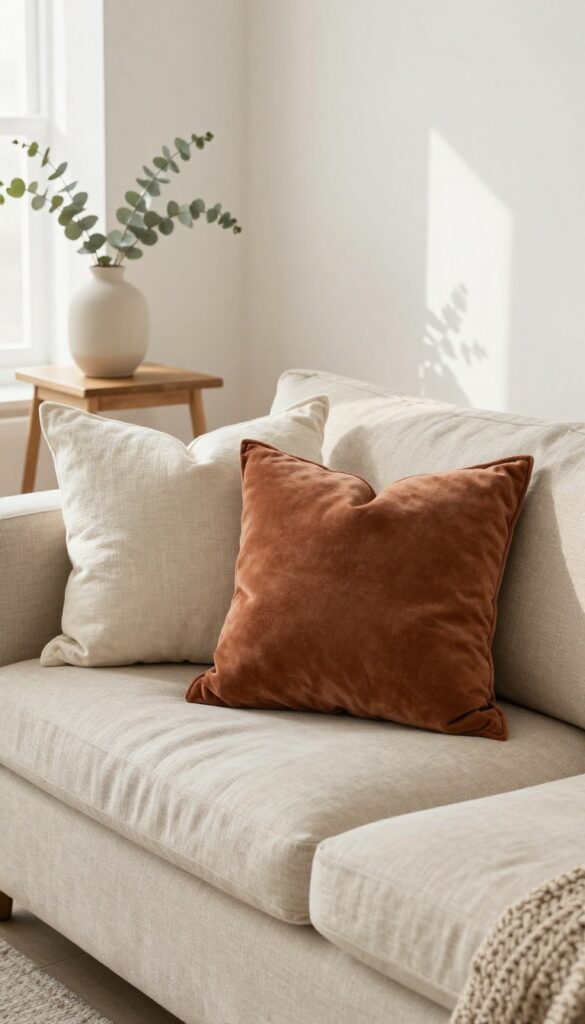 Mix-and-match throw pillows on a beige sofa in a bright living room