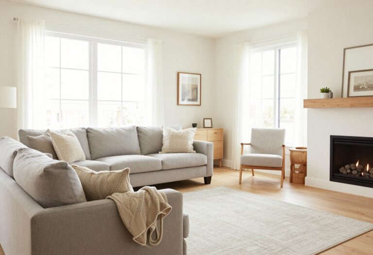 Warm living room with floating sofa, console table, and angled armchairs near fireplace
