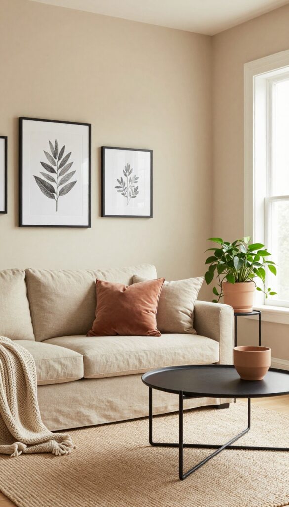 Warm beige living room with clay pillows, black coffee table, and jute rug