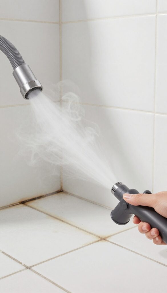 Handheld steam cleaner removing grime from shower grout lines
