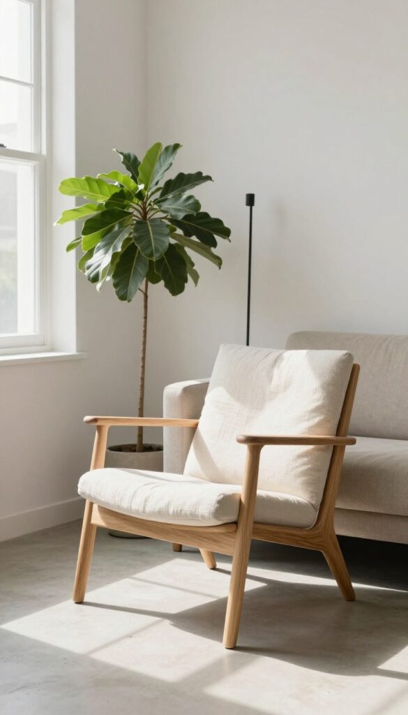 Minimalist wooden accent chair with bentwood frame and light cushion in a bright living room corner with plant and lamp