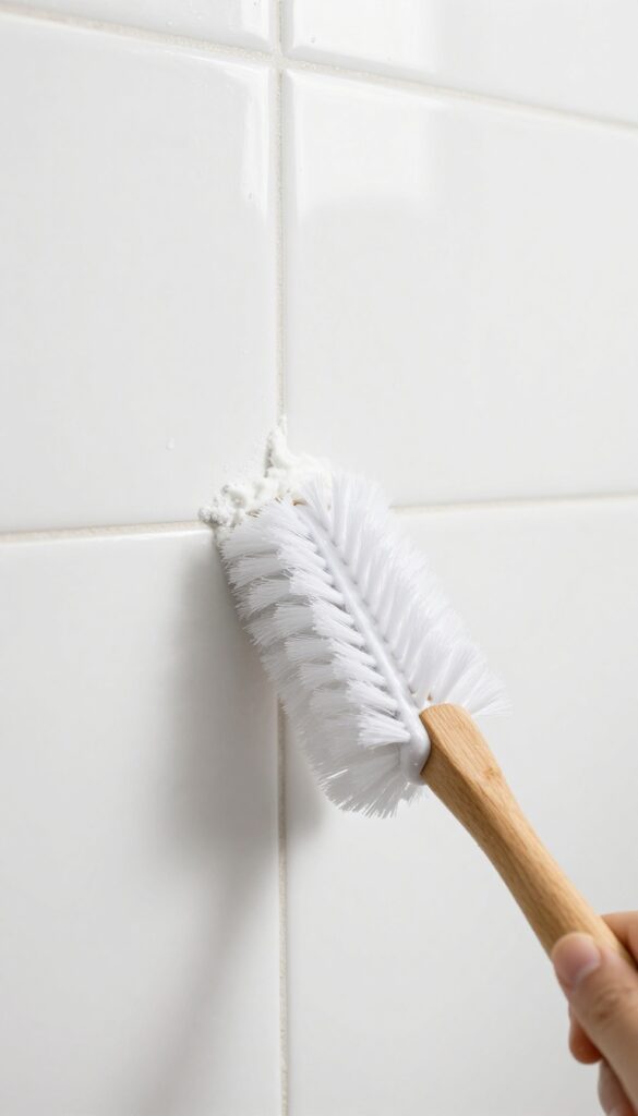 Soft brush scrubbing grout line with baking soda paste in a clean white shower