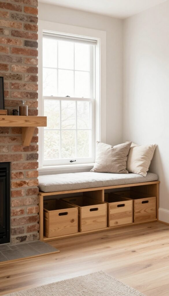 Cozy living room fireplace with built-in window seat and hidden storage