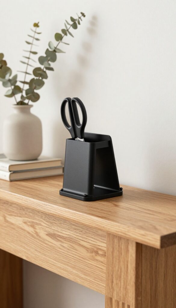 Floating mantel with magnetic knife rack underneath, holding kitchen tools, styled with vase and books on top