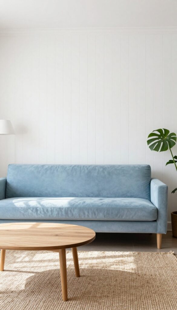 Living room with vertical shiplap accent wall in white, pale blue sofa, and natural light.