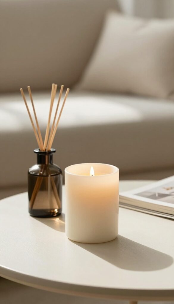 Cozy living room side table with a vanilla candle and reed diffuser in warm natural light