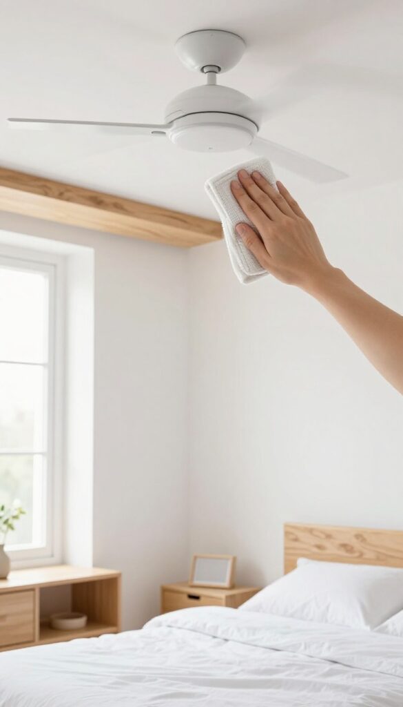 Person dusting a ceiling fan with a microfiber cloth in a bright, clean bedroom