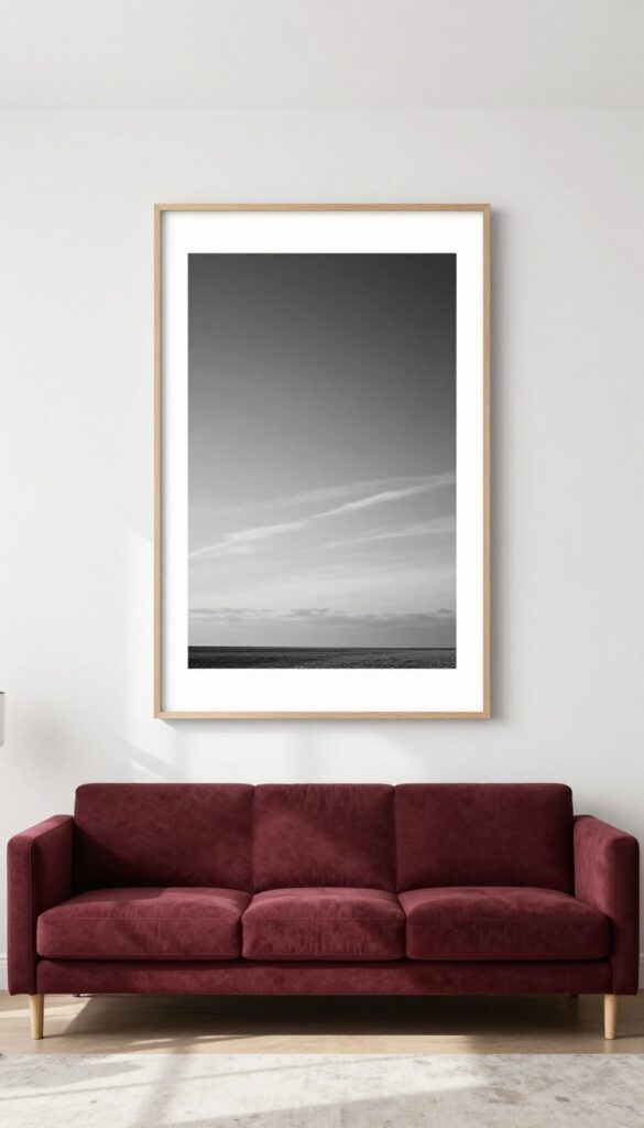 A burgundy sofa in a bright living room with a large black-and-white art piece above it, framed in natural wood, creating a balanced and airy look.