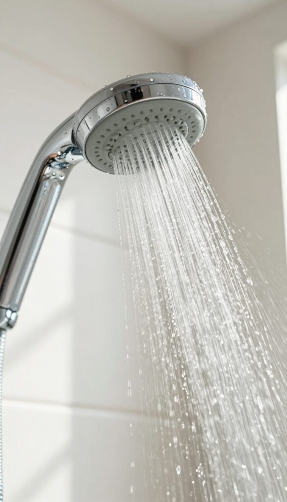 Handheld shower head being rinsed with warm water in a bright bathroom