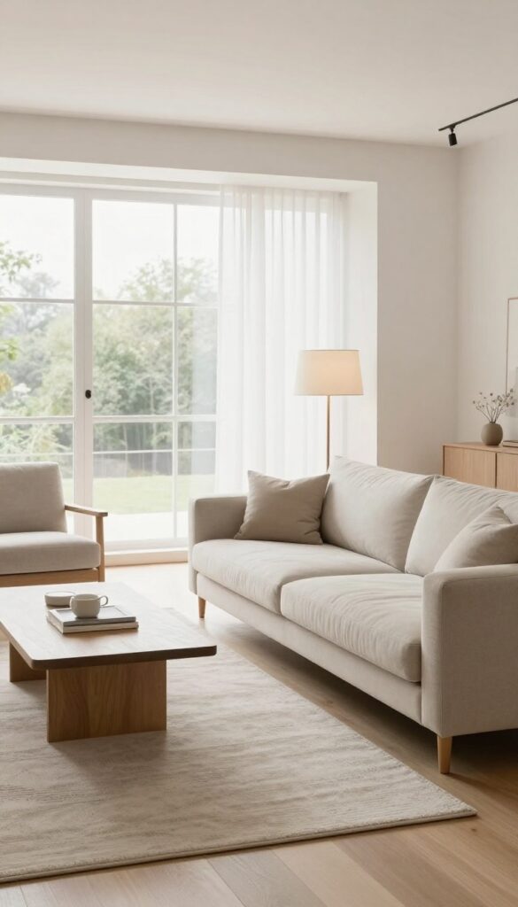 Living room with floating sofa and cozy conversation area for better flow