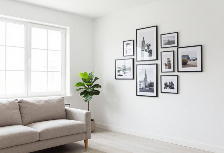 Living room with a gallery wall of mixed frames and a large floor-leaning frame, bright natural light, cozy sofa and plant.
