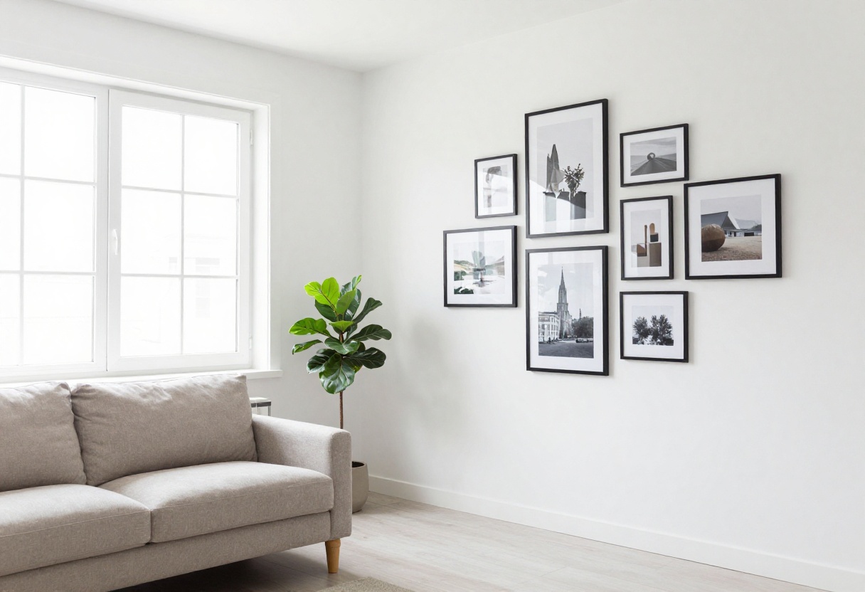 Living room with a gallery wall of mixed frames and a large floor-leaning frame, bright natural light, cozy sofa and plant.