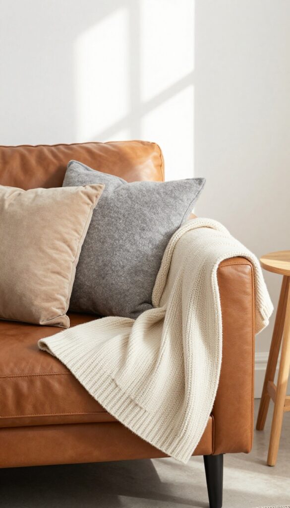 Cognac leather sofa with layered cream knit throw and textured neutral pillows in a small sunlit living room