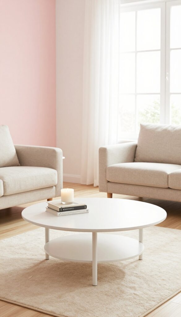 Bright living room with round white coffee table on beige rug, pastel decor, natural light