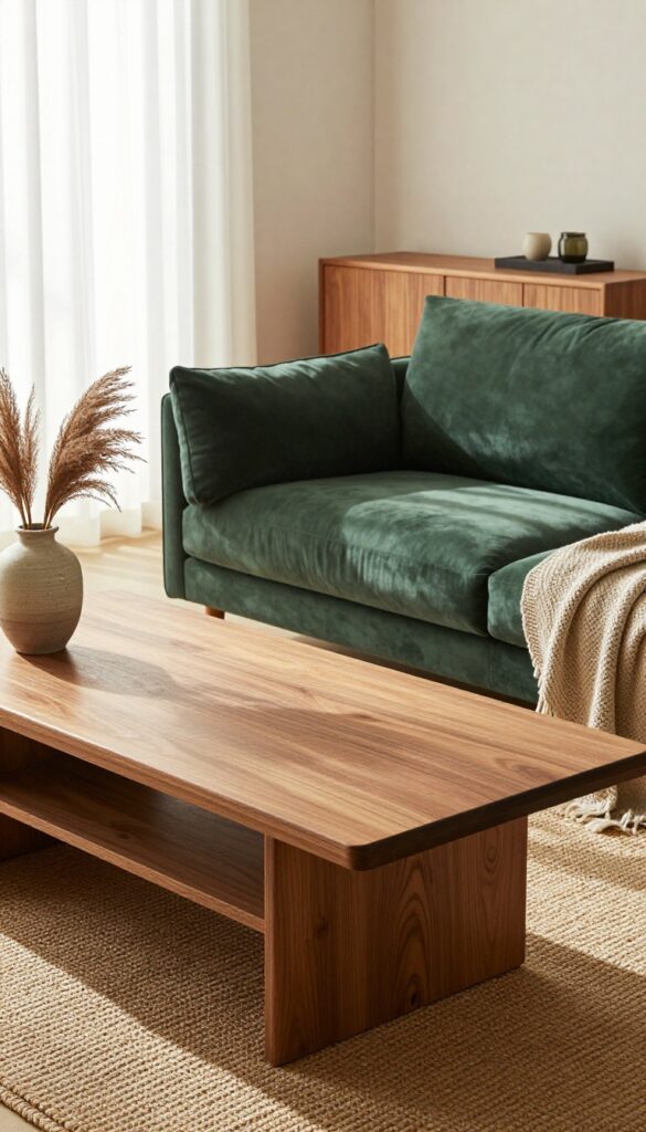 Green velvet sofa paired with walnut coffee table and oak sideboard in a bright, cozy living room with natural light and textured decor.