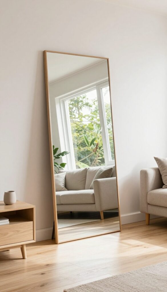 A large mirror leaning against a wall in a bright living room, reflecting a window and making the space feel larger.