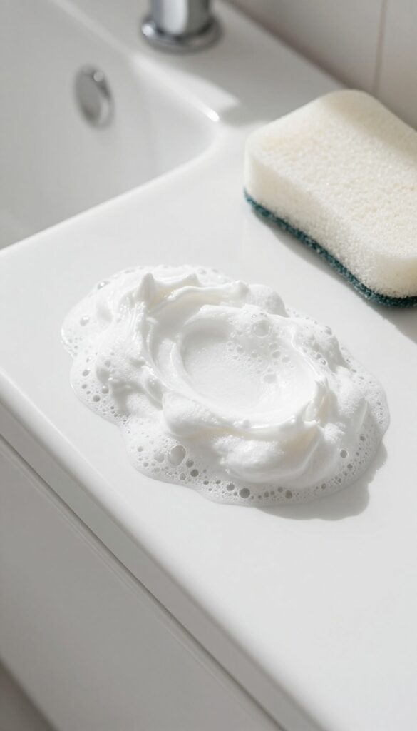Close-up of hydrogen peroxide and baking soda fizzing paste on a white bathtub surface