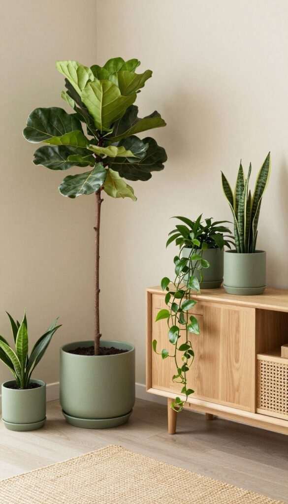 Live plants in sage green pots arranged at different heights in a bright living room corner