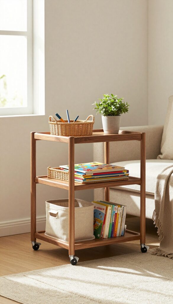 A warm and cozy living room with a wooden rolling cart styled as mobile toy storage, featuring woven baskets, puzzles, books, and a small plant in natural light.