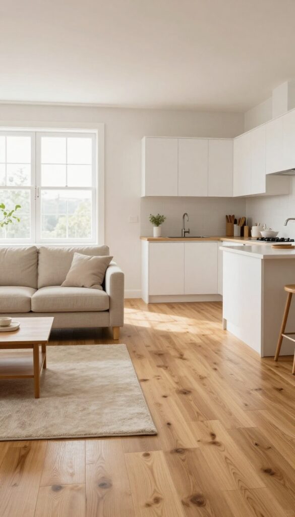 Seamless open-concept living room and kitchen with continuous oak flooring, bright natural light, and minimalist decor.