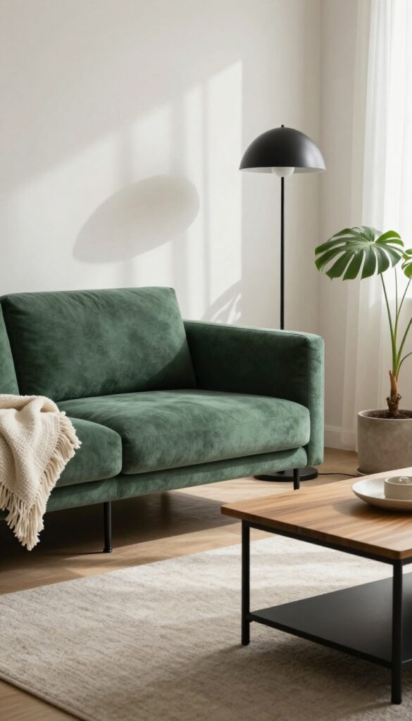 Moody living room with black metal accents on sofa, coffee table, and floor lamp, paired with soft textiles and warm wood tones.