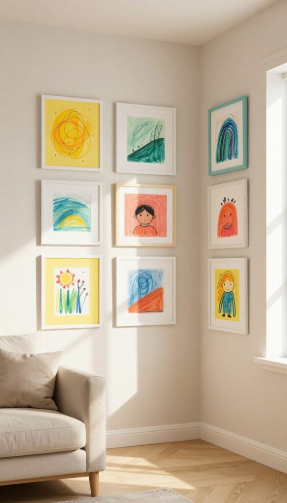 A cozy living room gallery wall featuring children's colorful artwork in bright frames, arranged at eye level with natural light.
