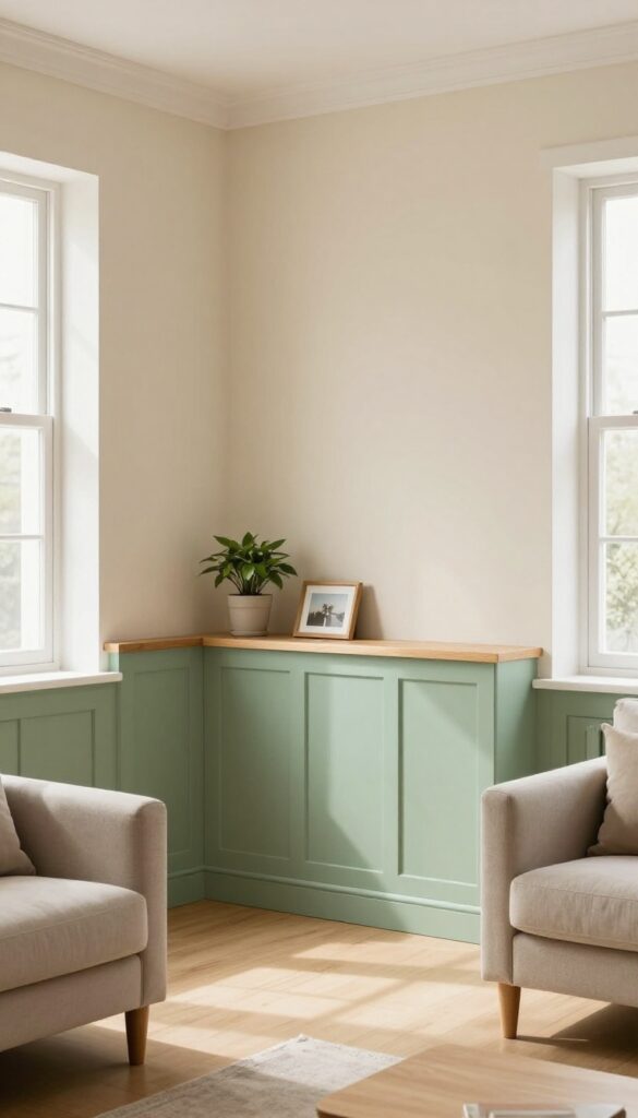 Two-tone wall panelling in a small living room with sage green lower panels and cream upper walls, a slim shelf at the seam with a plant and photo frame.