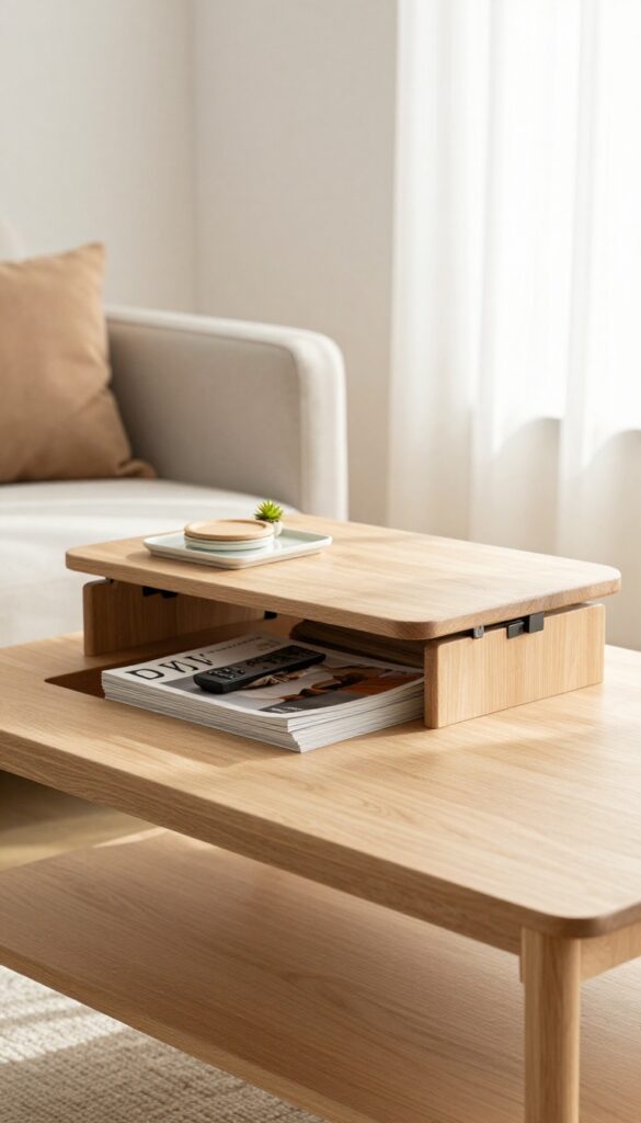 A light wood coffee table with a lift-top revealing hidden storage for remotes, magazines, and blankets in a bright, cozy tiny living room.