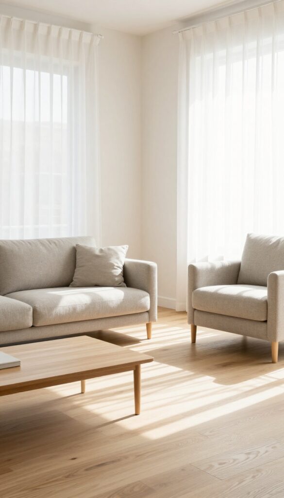 Bright living room with low-profile furniture, slim legs, and open sightlines under natural light
