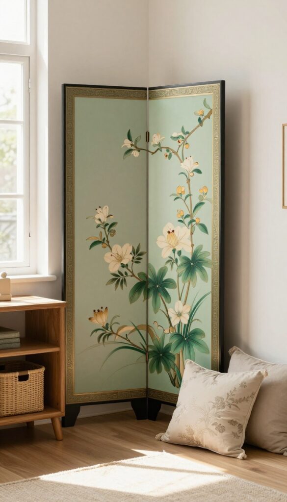 Chinoiserie screen hiding clutter in a small traditional living room