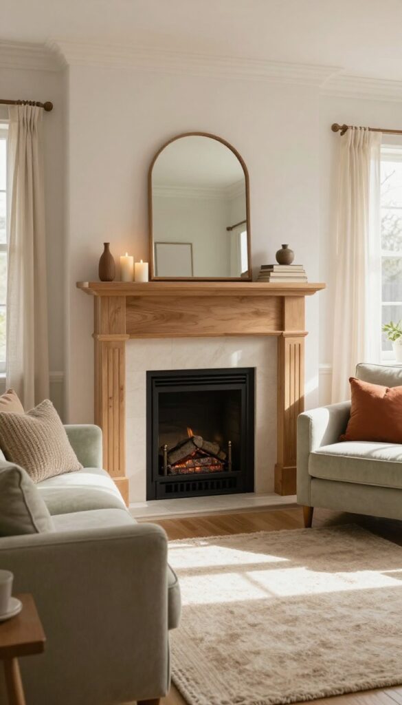 Cozy living room with fireplace focal point, sofa and chairs arranged facing fireplace, warm neutral decor, natural light