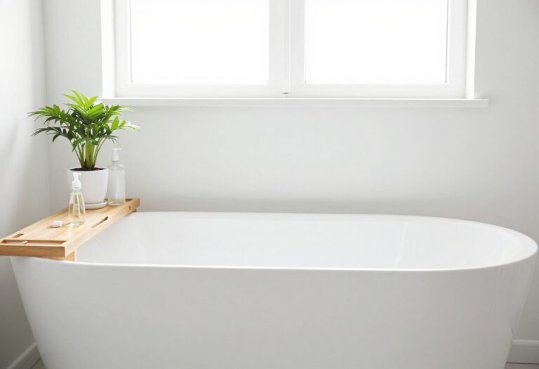 Clean white bathtub with wooden shelf and cleaning supplies