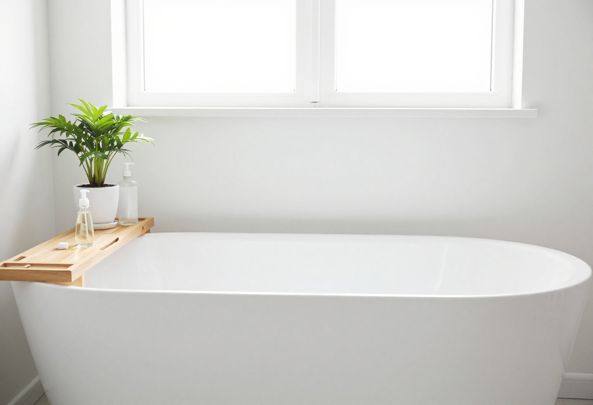 Clean white bathtub with wooden shelf and cleaning supplies