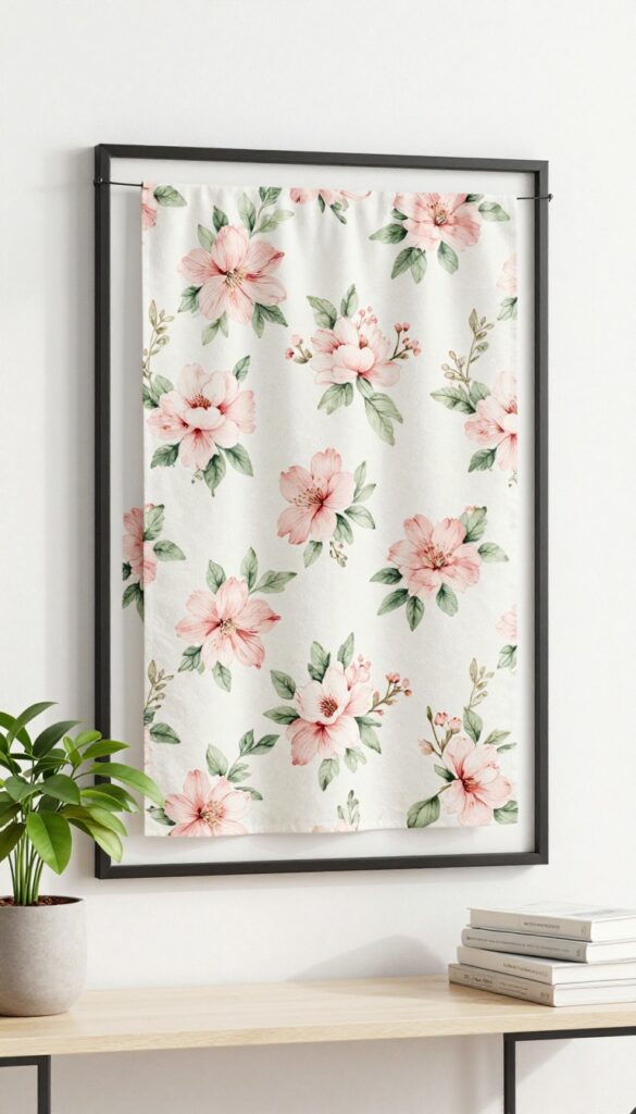 Framed floral fabric on wall as instant art, with plant and books on console table