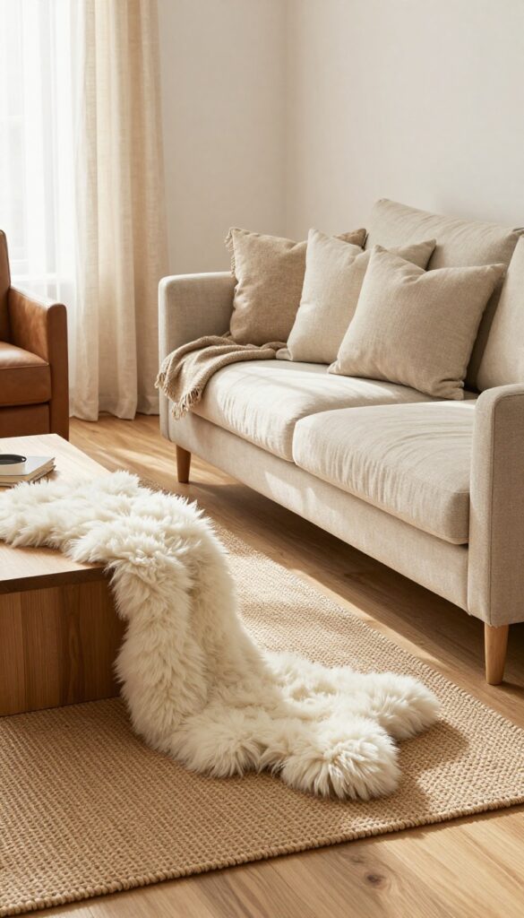 Cozy living room with a natural jute rug layered with a fluffy sheepskin throw, neutral sofa, and warm textures.