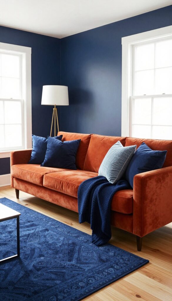 Burnt orange sofa with navy and indigo pillows and rug in a bright living room with navy accent wall and brass lamp.