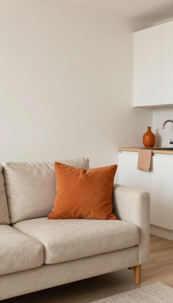 Open-concept living room and kitchen with burnt orange accent details on sofa, dish towel, and vase, creating a subtle color flow.